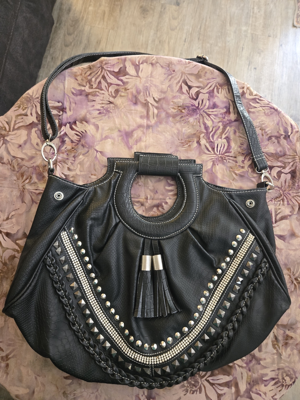 Black Studded Tassel Shoulder Bag